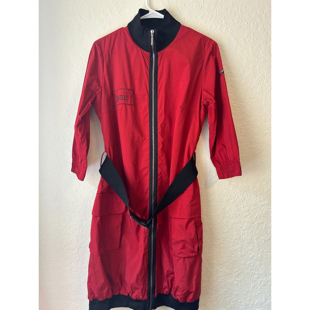 Vintage Y2K Airfield Red Belted Utility Long Jacket Cargo Pockets AF